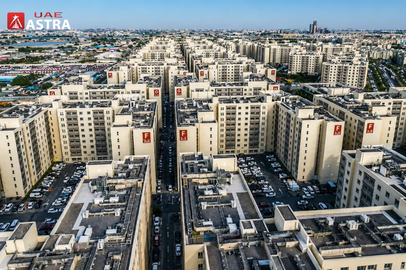 Aerial view of Al Khail Gate residential buildings and apartment blocks in Dubai.