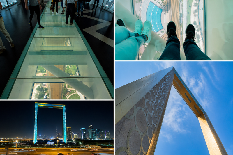 Dubai Frame collage showing night view, glass floor perspective, and architectural details