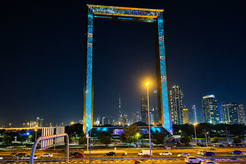 Dubai Frame illuminated at night with city skyline and traffic below
