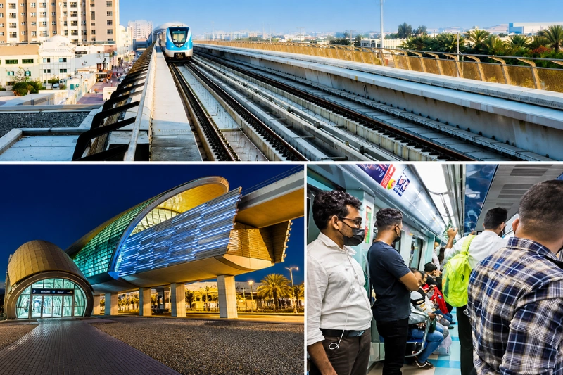 Dubai Metro train, Stadium Station exterior, and passengers inside metro carriage collage
