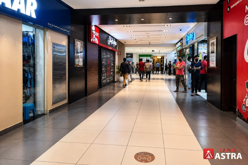Indoor shopping corridor with retail stores and visitors walking inside community centre.