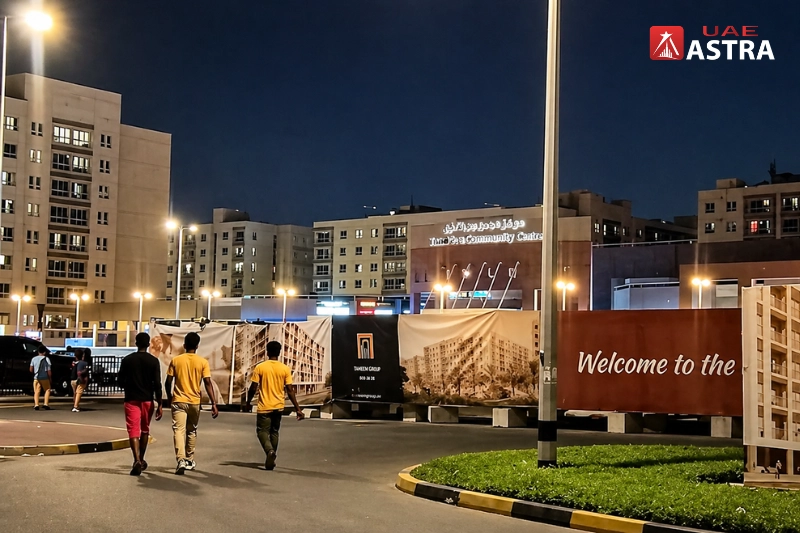 Night view of Al Khail Gate entrance with welcome signage and residential buildings.