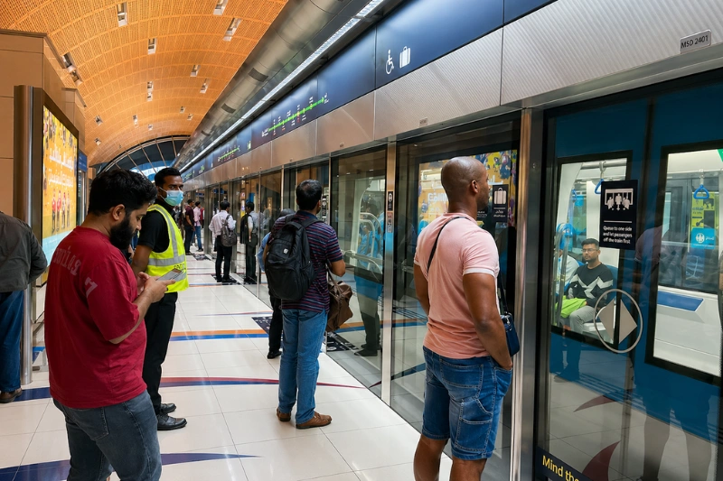 Passengers waiting at Stadium Metro Station platform Dubai