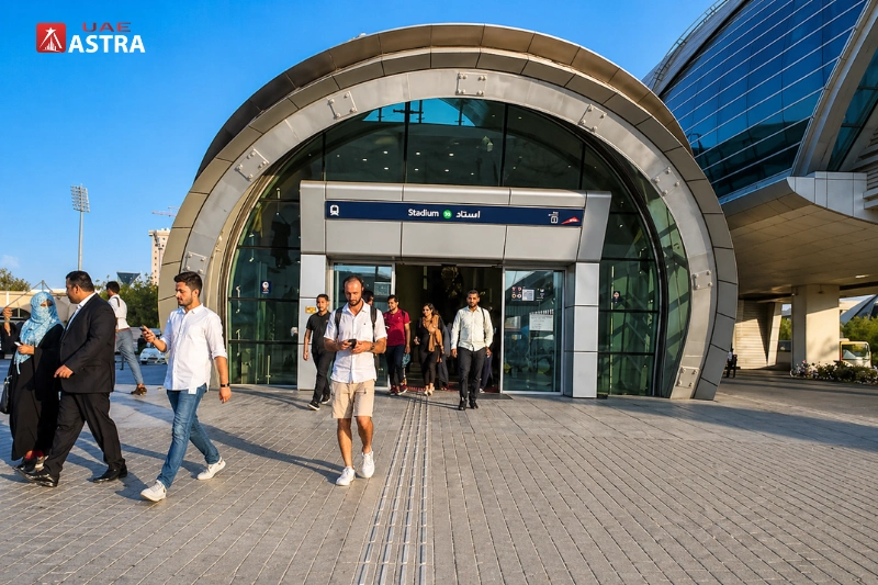 Stadium Metro Station Dubai main entrance with passengers exiting