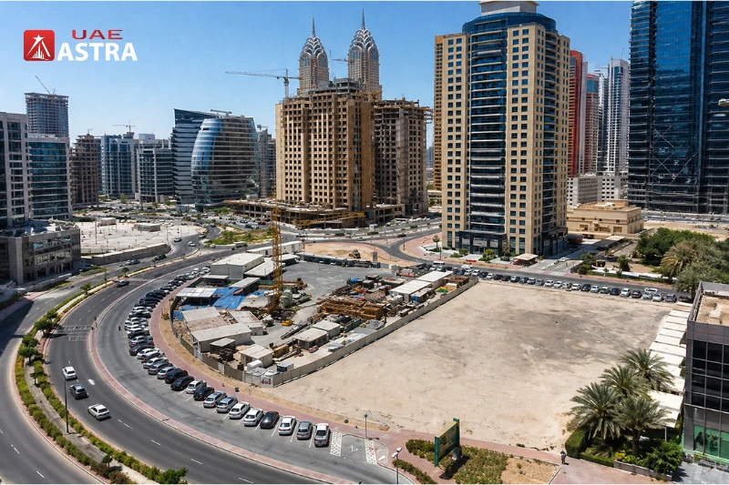 Tameem House office main parking area in Barsha Heights Dubai with surrounding roads and buildings
