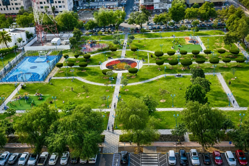 Aerial view of Electra Park Abu Dhabi with green landscape