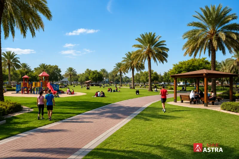 Al Mahatta Park Sharjah with green lawns, walking path, playground, and family seating area