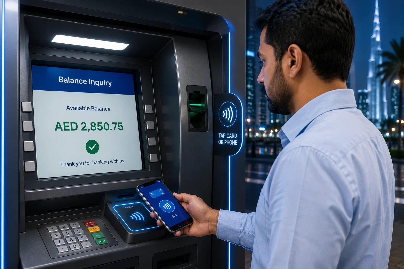 Contactless Lulu ATM Balance Check using smartphone at modern UAE ATM