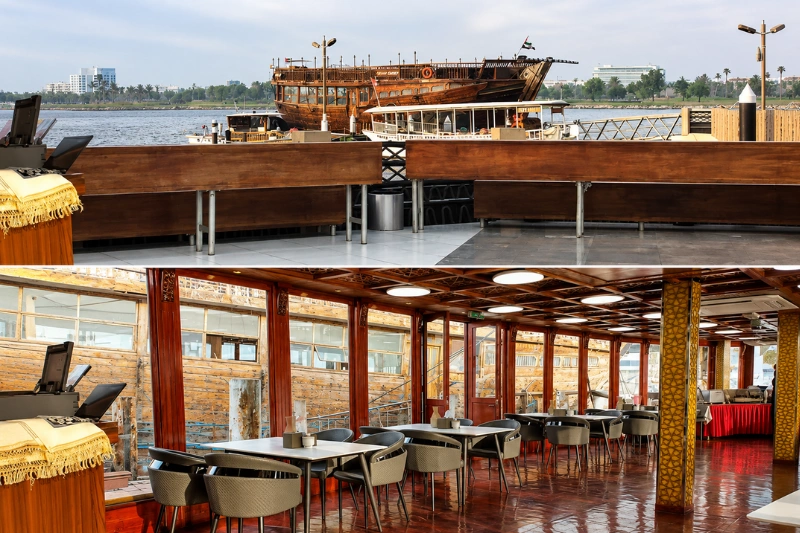 Dining area and dhow views at Al Boom Tourist Village Dubai