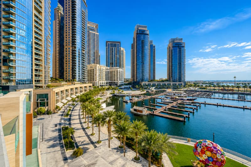 Dubai Creek Harbour marina promenade and luxury towers in Dubai