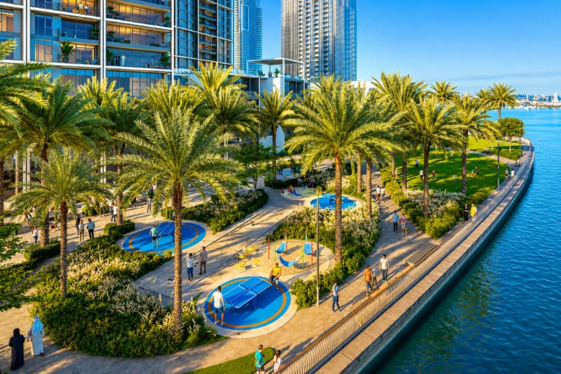 Dubai Creek Harbour waterfront park and promenade area in Dubai