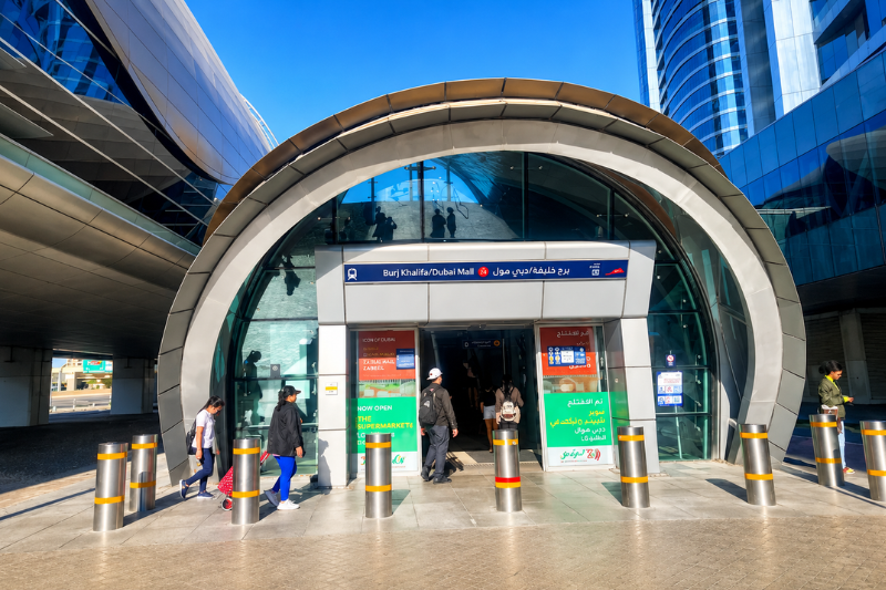 Entrance view of Burj KhalifaDubai Mall Metro Station in Dubai
