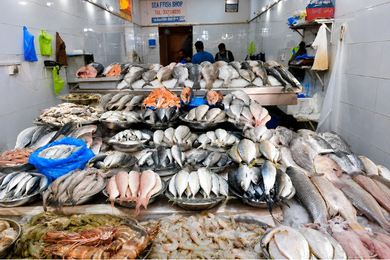 Fresh seafood display at Al Karama Fish Market Dubai
