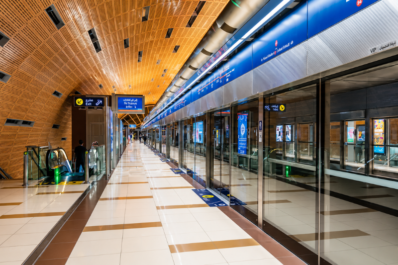 Interior platform view of Burj KhalifaDubai Mall Metro Station in Dubai