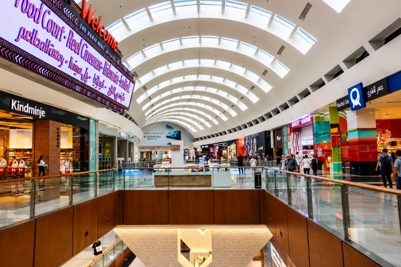 Interior view near Burj KhalifaDubai Mall Metro Station walkway and shopping area