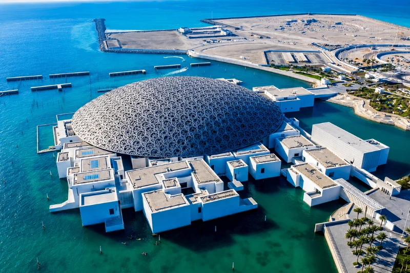 Louvre Abu Dhabi aerial waterfront view