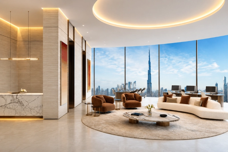 Luxury apartment interior with Dubai skyline view from Sheikh Zayed Road area