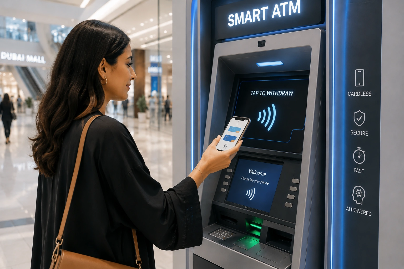 Modern contactless ATM scene where a woman uses smartphone tap-to-withdraw feature instead of physical card