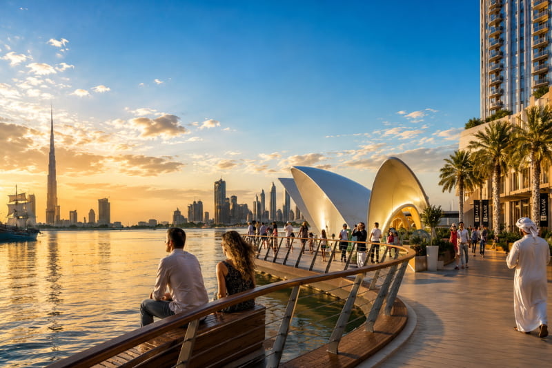 People enjoying Dubai Creek Harbour waterfront promenade at sunset