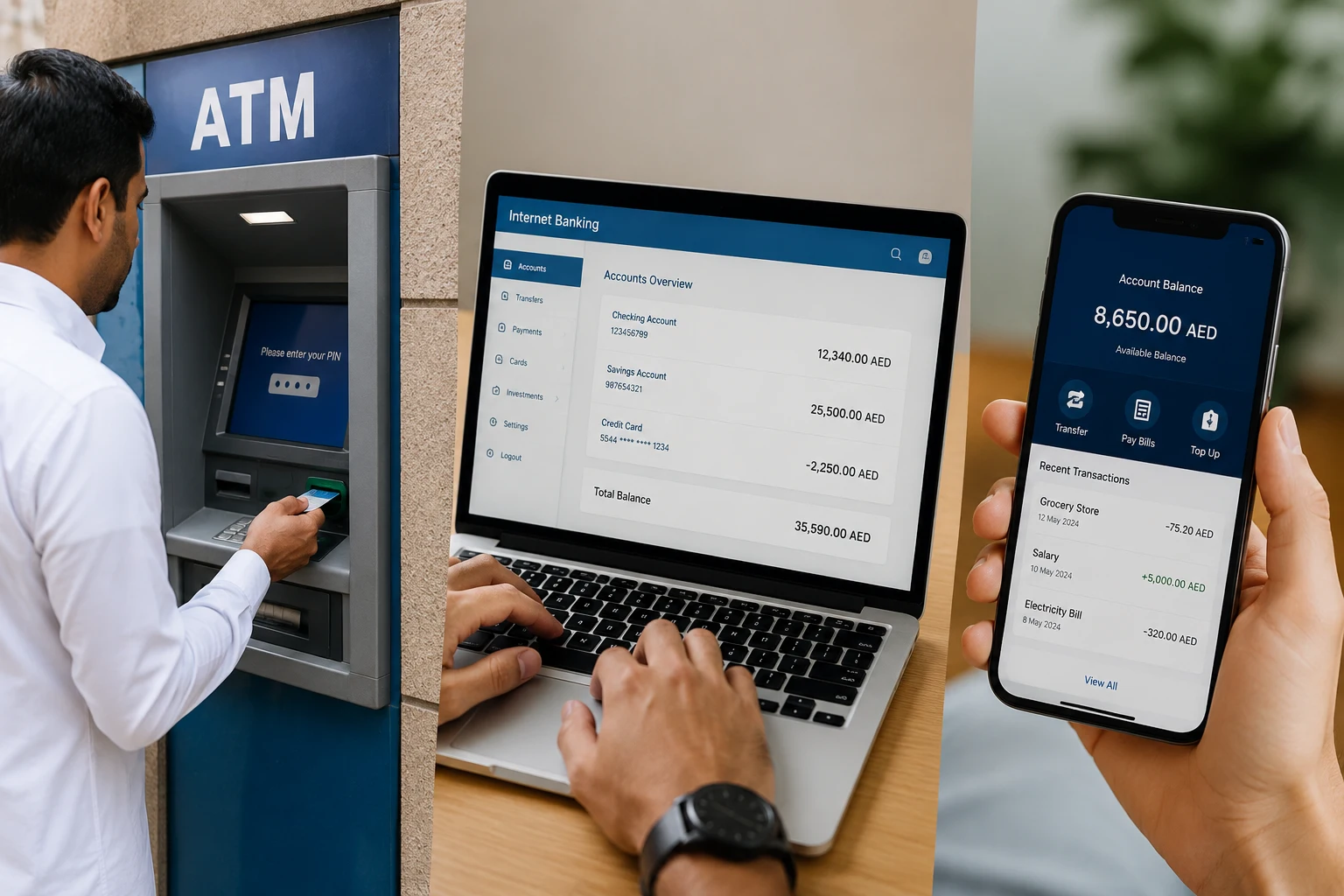 Person checking ATM balance through ATM machine, internet banking on laptop, and mobile banking app in UAE