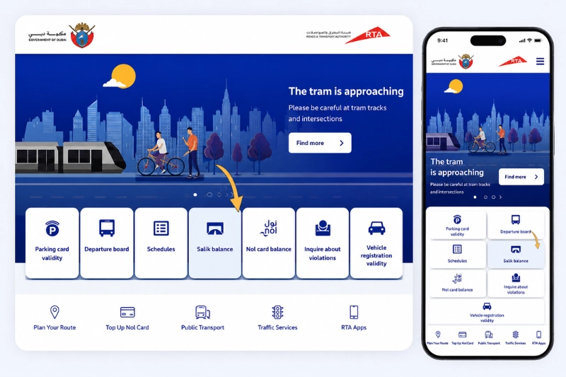 RTA Dubai app interface showing Salik balance check option on mobile and desktop