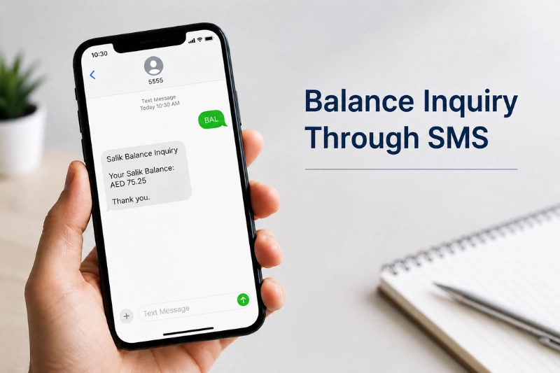 SMS balance inquiry method for checking Salik account balance on mobile phone