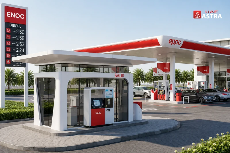 Salik kiosk and ENOC petrol station for offline balance check and recharge services