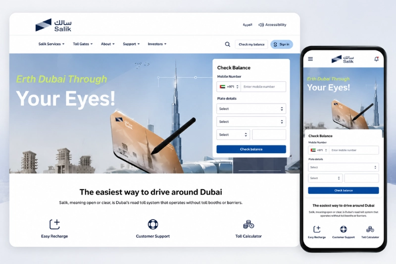 Salik website balance check interface on desktop and mobile screen