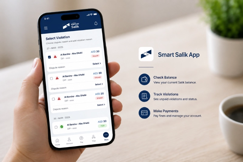 Smart Salik app showing balance check, violations, and payment options on mobile screen