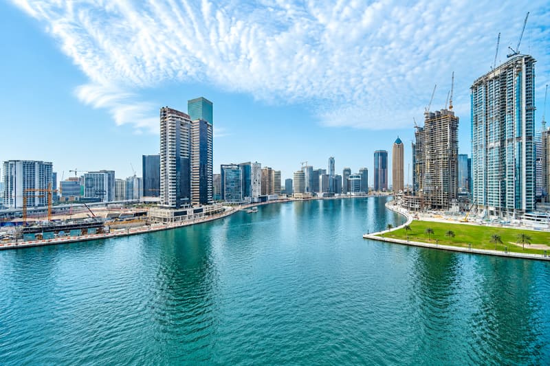 Business Bay waterfront skyline with modern high-rise towers in Dubai