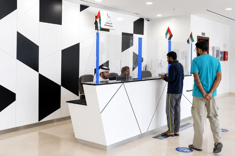 Customer service desk assisting visitors at a Dubai immigration office