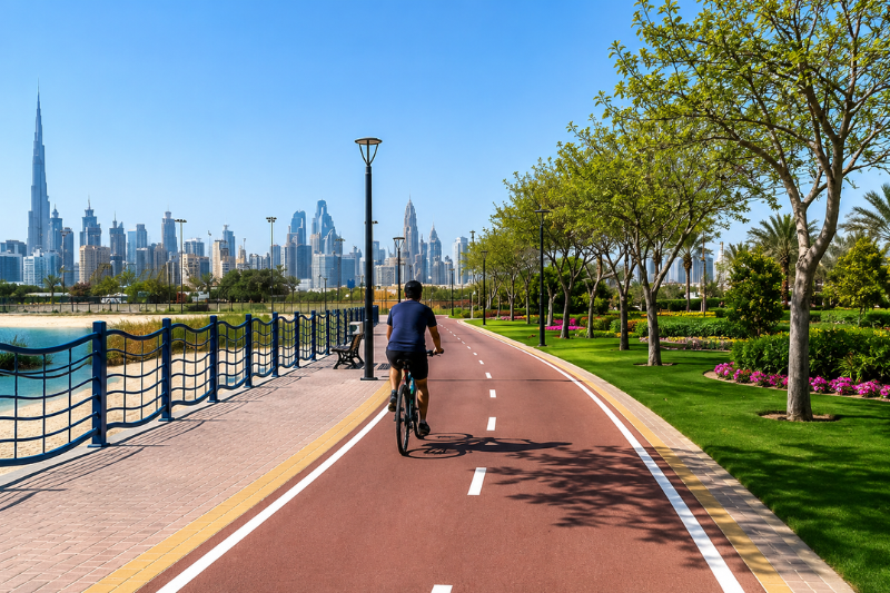 Cyclist riding along the cycling track at Al Quoz Pond Park in Dubai