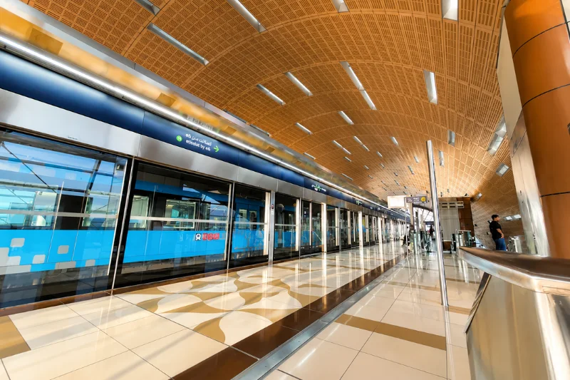 DAFZA Metro Station platform with Dubai Metro train