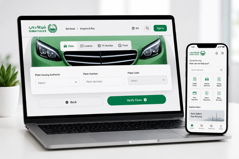 Dubai Police fine inquiry portal and mobile app for traffic fine verification