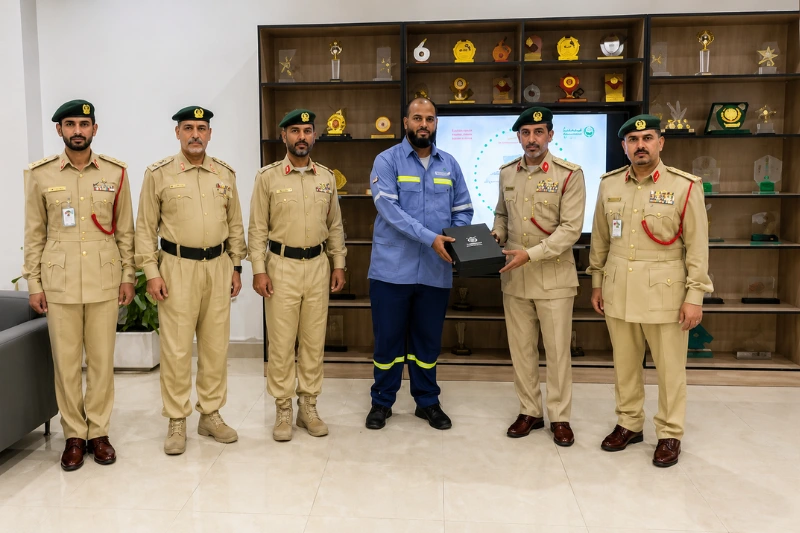 Dubai Police officers recognizing a staff member at Al Qusais Police Station