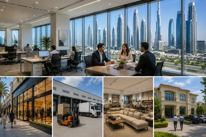 Dubai commercial properties including offices, retail shops, warehouses, showrooms, and commercial villas