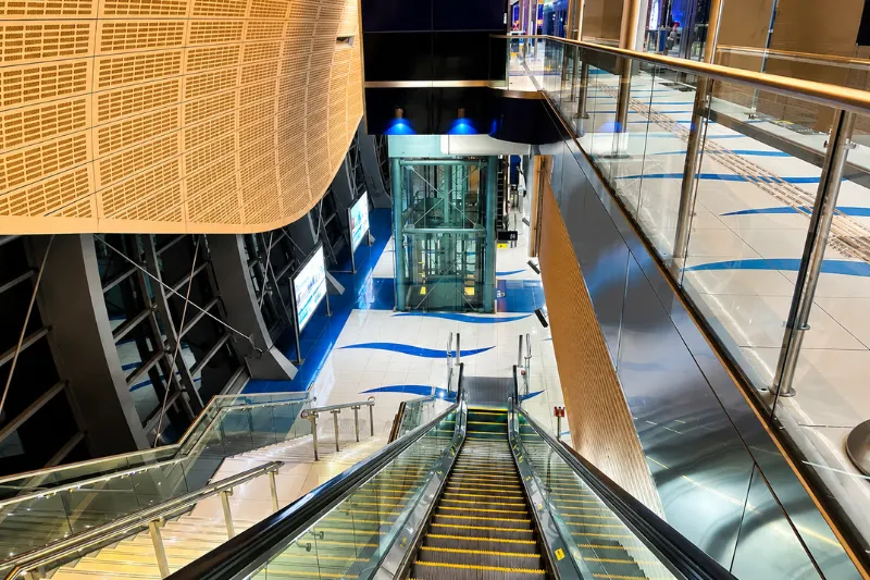 Escalator and elevator area inside Dubai Internet City Metro Station