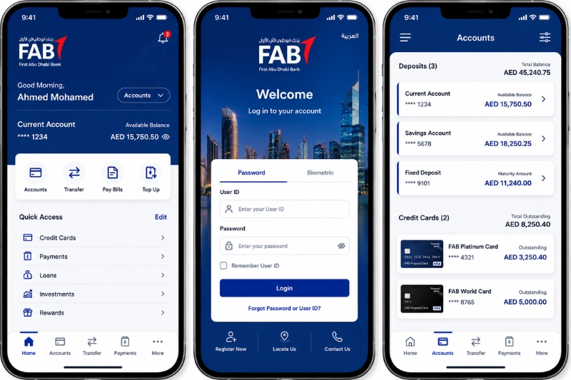 FAB mobile app interface for balance inquiry