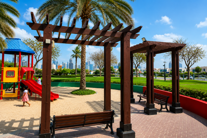 Family playground with shaded seating and palm trees at Al Quoz Pond Park in Dubai