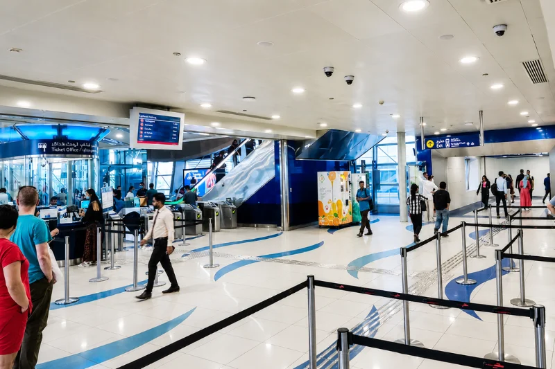 Interior of Dubai Internet City Metro Station with ticket gates, escalators, and passengers