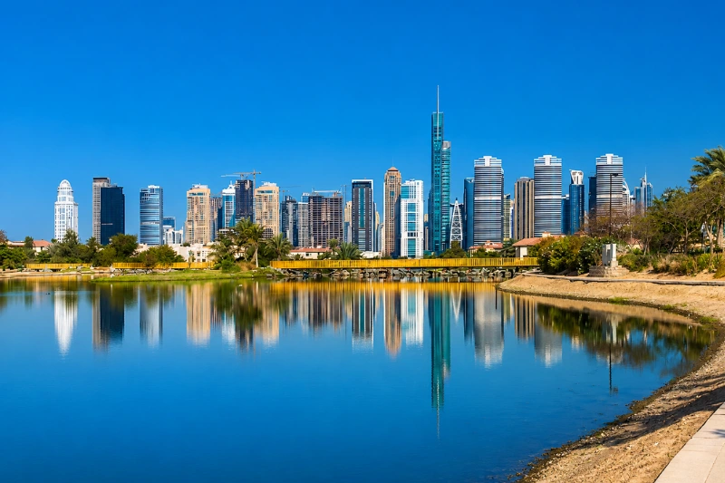 Jumeirah Islands Dubai lake with skyline views