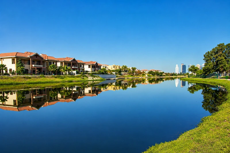 Jumeirah Islands Dubai waterfront villas beside a scenic lake