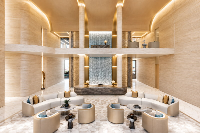 Luxury lobby and seating area in a modern Business Bay commercial tower