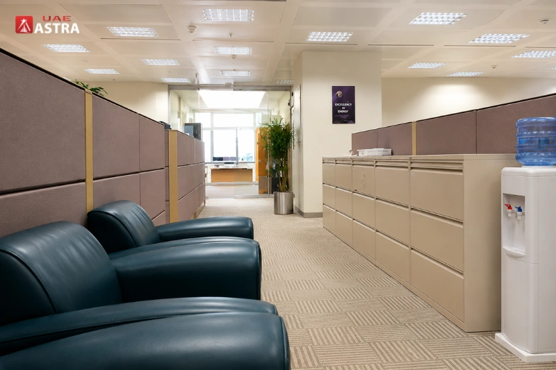 Modern office workspace inside Sheikh Khalifa Energy Complex with cubicles, seating area, and filing cabinets