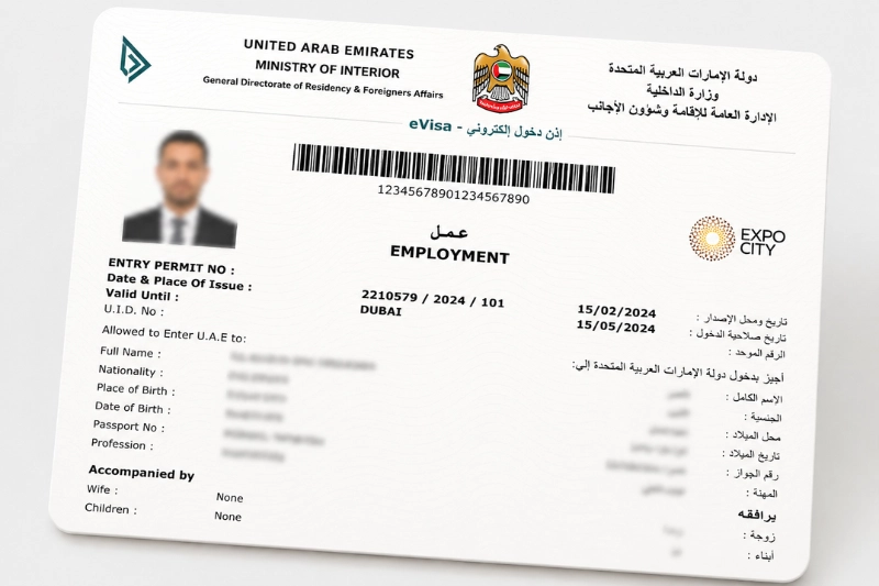 UAE employment visa entry permit document illustration in Dubai