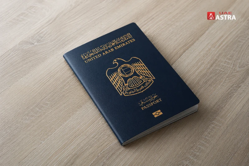 UAE passport placed on a wooden surface