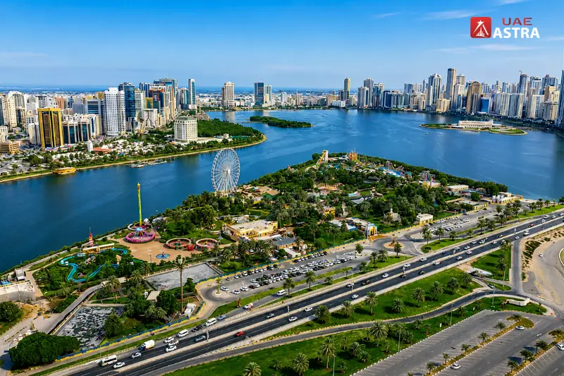 Al Majaz Waterfront and Khalid Lagoon near Al Qasimia Sharjah with modern skyline and waterfront attractions