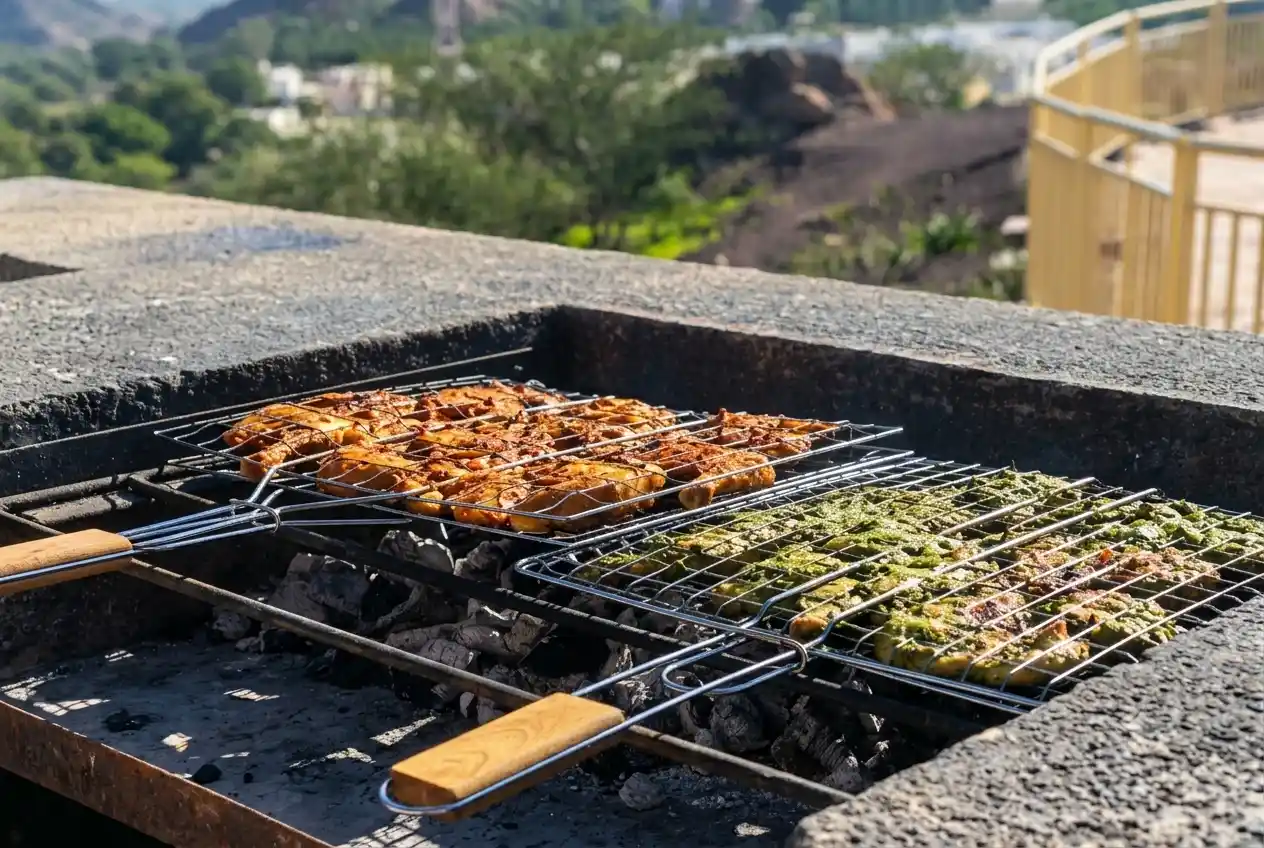 Barbecue facilities at Hatta Hill Park with mountain views in the background