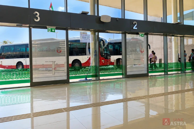 Boarding gates and intercity buses at Al Ain Bus Station terminal