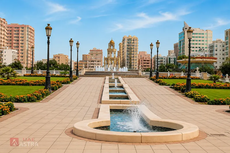 Central walkway and fountains at Rolla Square Park in Sharjah